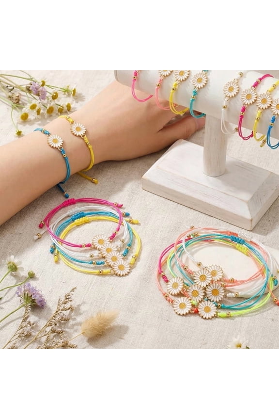24 Pcs Bohemian Sunflower Daisy Bracelets, Adjustable Wax Cord Friendship Jewelry for Beach Party Wedding Birthday Bridal Gift, Year Round Wear for Women Mother's Day Valentine's Day