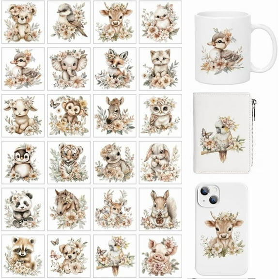 24 Pcs Boho Animals Theme Cup Printing UV Transfer Papers 24 Styles Cute Animals Surrounded by Flowers UV DTF Cup Wrap Stickers for DIY Making