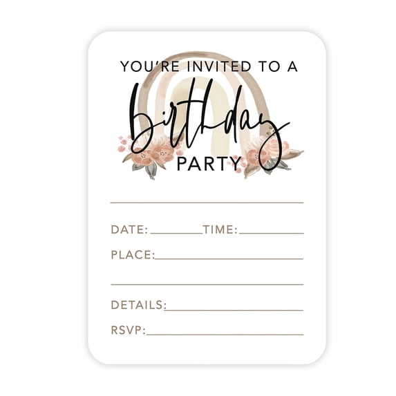 Koyal Wholesale Boho Rainbow Birthday Paper Invitations for Girls, 1st Birthday, Blank Cards with Envelopes, 24-Pack