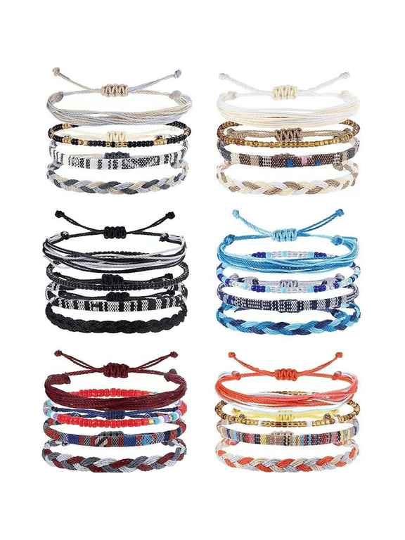 24 Pack Adjustable Boho Anklets & Bracelets Set - Handmade Braided Beach Jewelry, Waterproof Surfer Stackables Friendship Bracelet for Women Men (Summer Colorful Unisex)