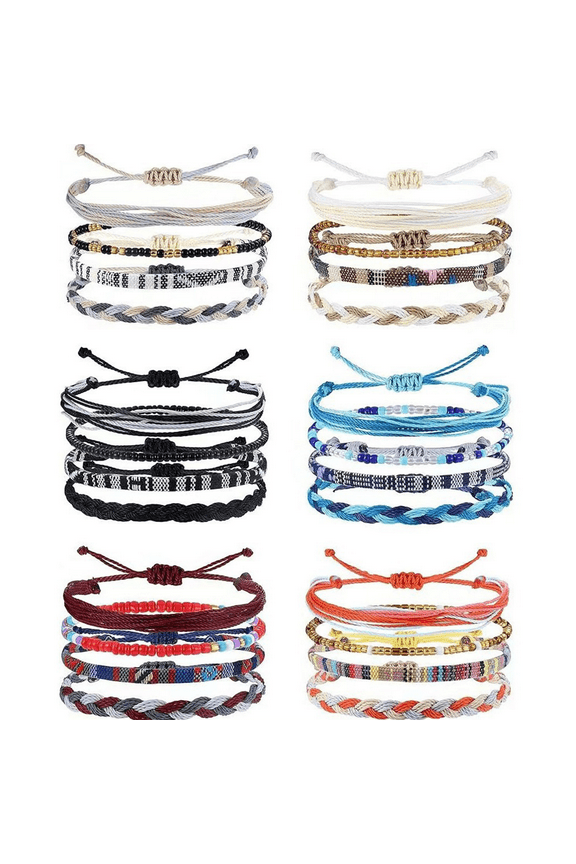 24 Pack Adjustable Boho Anklets & Bracelets Set - Handmade Braided Beach Jewelry, Waterproof Surfer Stackables Friendship Bracelet for Women Men (Summer Colorful Unisex)