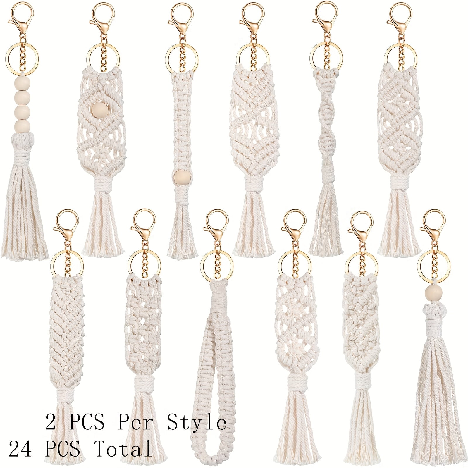 24 Pcs Boho Tassel Keychain Set, Beige Woven Macrame Keychain Charms with Gold Key Rings, Handmade Bag Charm Accessories for Women, Bohemian Party Favor Wedding Gift Bulk