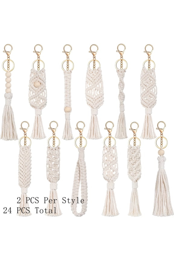 24 Pcs Boho Tassel Keychain Set, Beige Woven Macrame Keychain Charms with Gold Key Rings, Handmade Bag Charm Accessories for Women, Bohemian Party Favor Wedding Gift Bulk