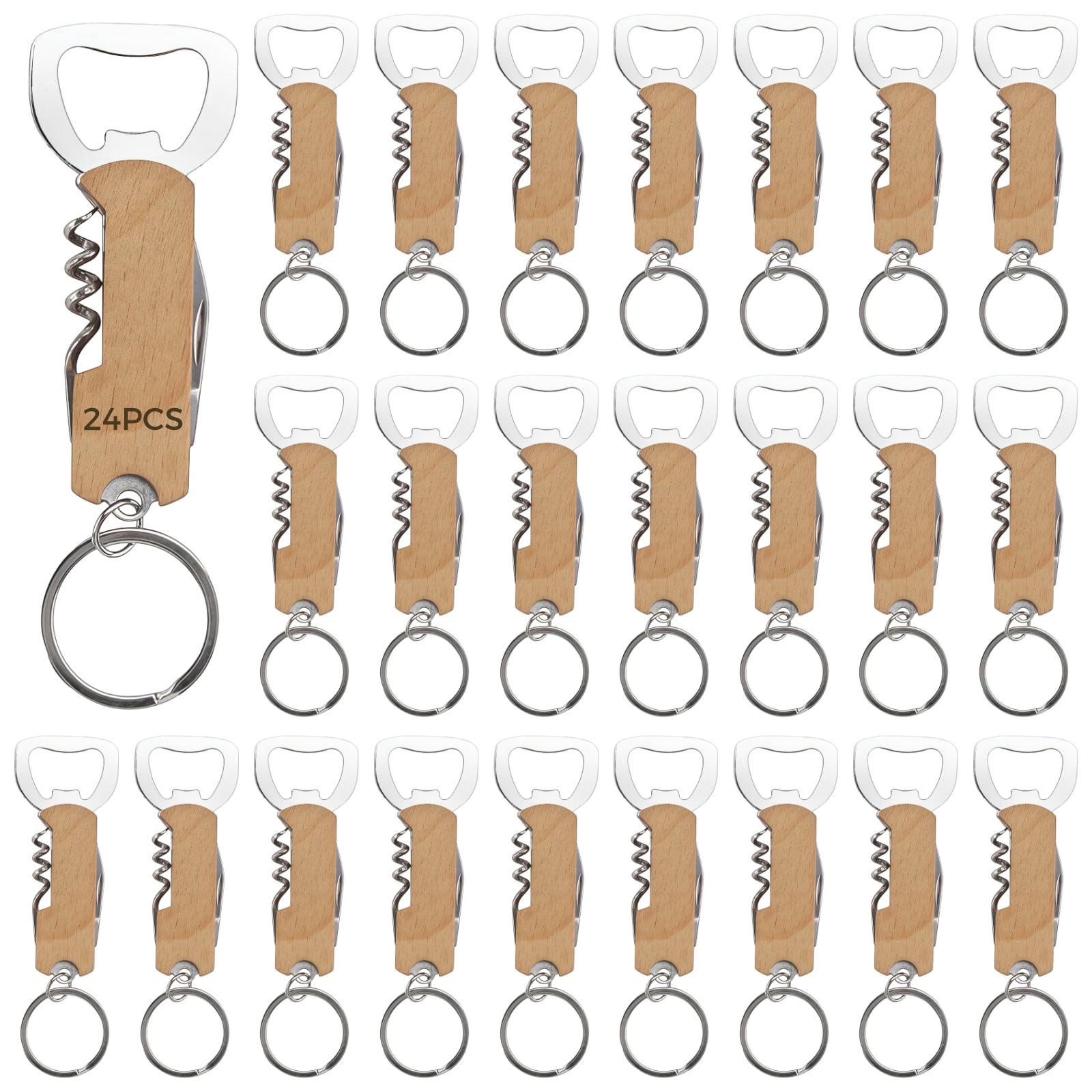24 Pcs Bottle Opener Keychains, Multi-Function Beer Openers with Wooden Handles & Cutters, Stainless Steel Wine, Beer, and Foil Cutter with Key Ring, Portable for Parties, Camping