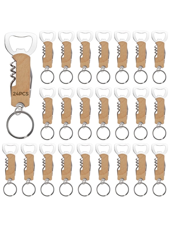 24 Pcs Bottle Opener Keychains, Multi-Function Beer Openers with Wooden Handles & Cutters, Stainless Steel Wine, Beer, and Foil Cutter with Key Ring, Portable for Parties, Camping