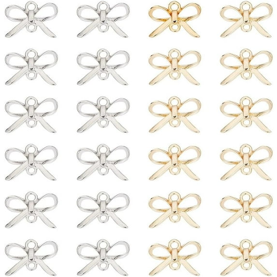 24 Pcs Bow Connector Charms 2 Colors Brass Bowknot Charms Metal Connector Pendants Charms with 2 Holes for Necklace Bracelet DIY