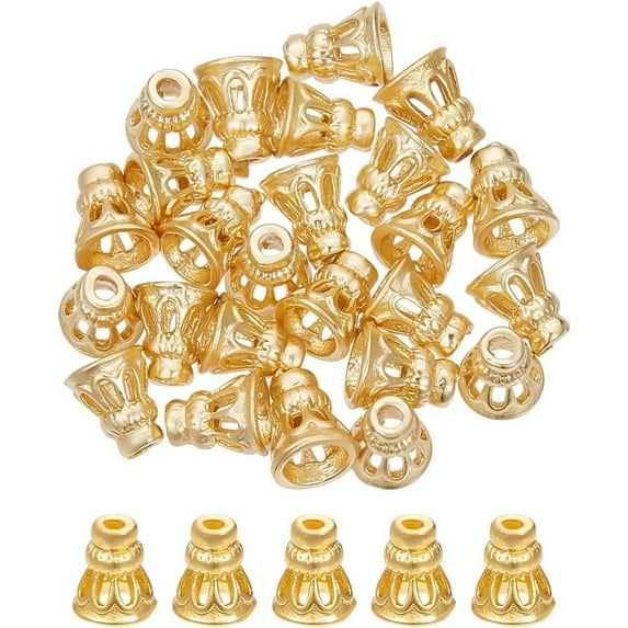 24 Pcs Brass Cone Bead Caps Brass Bead Cones Real 14K Gold Plated Spacer Beads Golden Openwork Beads for Jewelry Making Bracelets Necklace DIY Craft Supplies for making