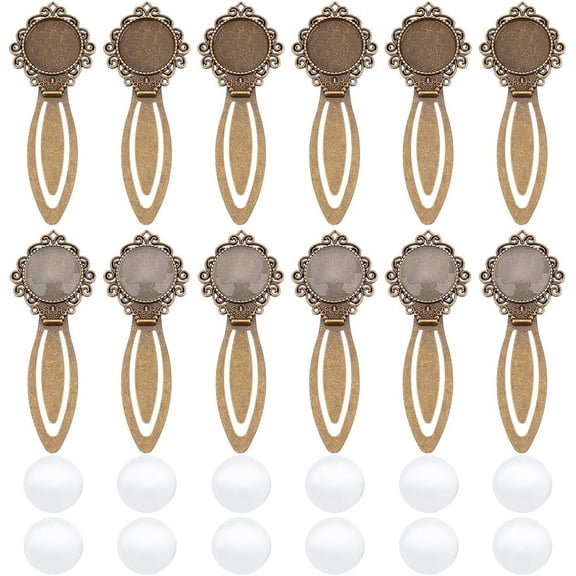 24 Pcs Bronze Bookmark Pendant Tray Kit Including 12 Pcs Tibetan Style Bookmark Cabochon Settings 12 Pcs Dome Transparent Glass Cabochons for Reading Gift Crafting DIY Bookmark for DIY