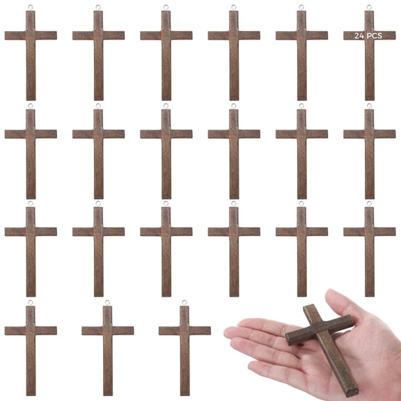 24 Pack Handcrafted Wooden Pocket Prayer Crosses T-Shaped Brown Crosses with Hanging Hooks, Bulk Religious Favors for Church Groups, DIY Crafts & Prayer Gifts