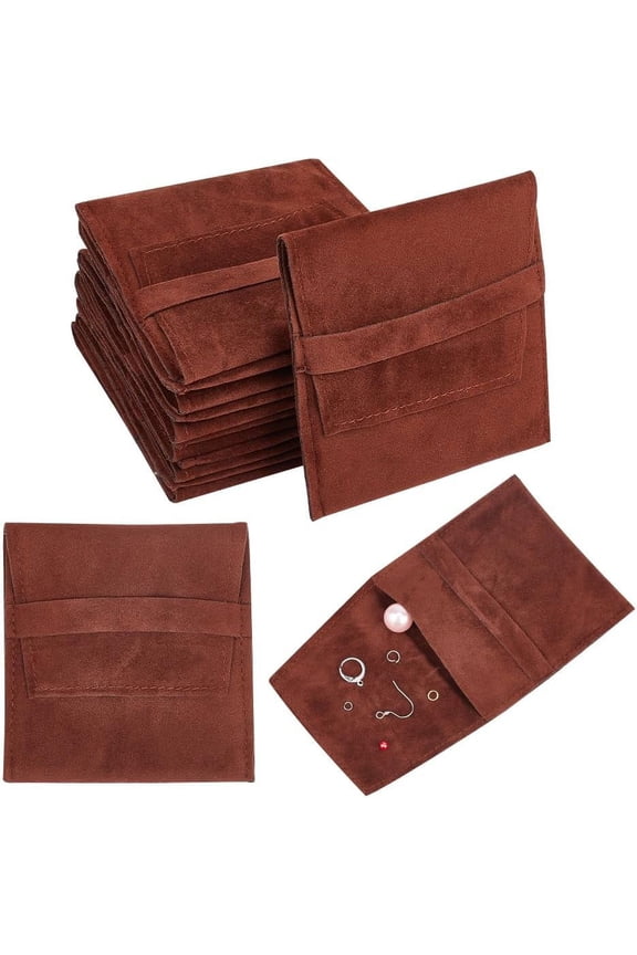 24 Pcs Brown Microfiber Jewelry Pouch Pocket Cosmetic Bag Velvet Jewelry Flap Pouches Folding Envelope Bag