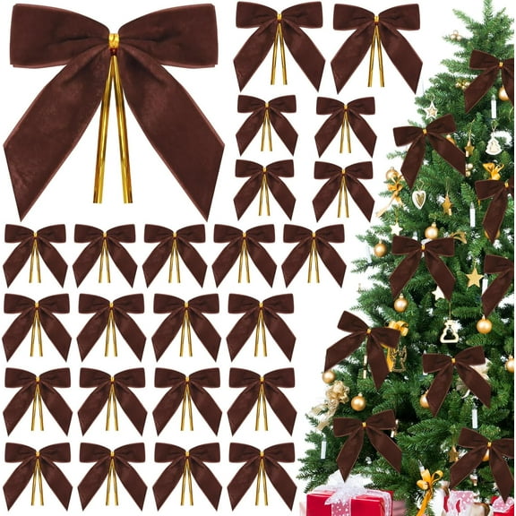 24 Pcs Brown Velvet Bows for Christmas Tree,Brown Bows Velvet Ornaments Christmas Tree Bow for Gift Wrapping Door Vintage Garland Wreath,Rustic Holiday Decor-1" Wide,3.5 x 3.5 Inch