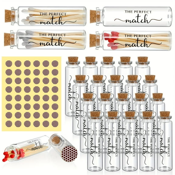 24 Pcs Bulk Empty Matches Jars, Plastic Match Holder With Cork Tops And 48 Match Striker Stickers, Wedding Match Favors For Bridal Showers, Guests Gifts, Halloween, Christmas