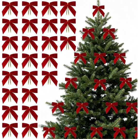 24 Pcs Burgundy Small Velvet Christmas Bows for Christmas Tree Decorations, 3.5 Inch Xmas Velvet Ribbon Bow Ornaments for Christmas Farmhouse Wreath Garland DIY Craft Gift Wrapping Decorative(D)