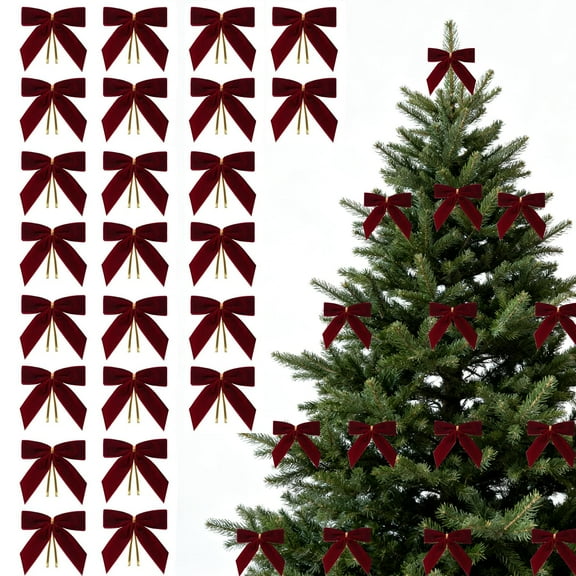 24 Pcs Burgundy Small Velvet Christmas Bows for Christmas Tree Decorations, 3.5 Inch Xmas Velvet Ribbon Bow Ornaments for Christmas Farmhouse Wreath Garland DIY Craft Gift Wrapping Decorative, 1" W