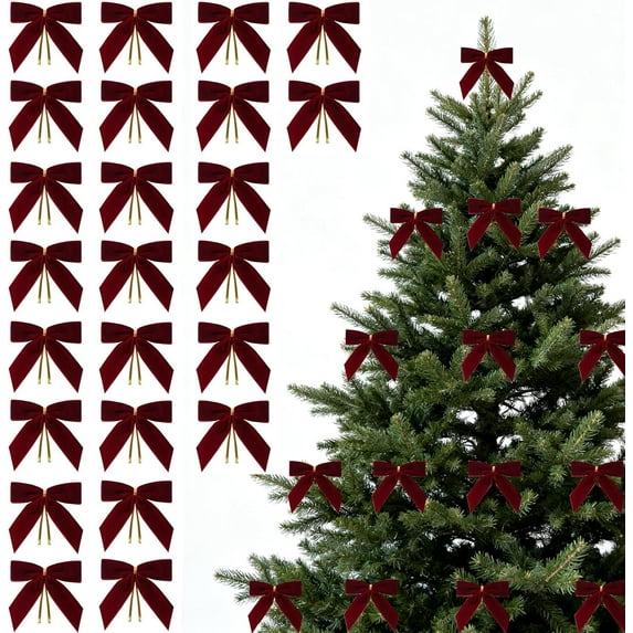 24 Pcs Burgundy Small Velvet Christmas Bows for Christmas Tree Decorations, 3.5 Inch Xmas Velvet Ribbon Bow Ornaments for Christmas Farmhouse Wreath Garland DIY Craft Gift Wrapping Decorative(A)