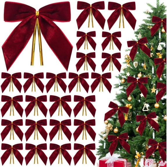24 Pcs Burgundy Velvet Bows for Christmas Tree,Dark Red Velvet Bows Ornaments Christmas Tree Bow for Gift Wrapping Door Vintage Garland Wreath,Rustic Holiday Decor-1" Wide,3.5 x 3.5 Inch