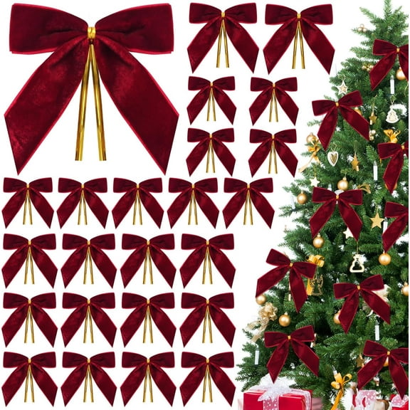 24 Pcs Burgundy Velvet Bows for Christmas Tree,Dark Red Velvet Bows Ornaments Christmas Tree Bow for Gift Wrapping Door Vintage Garland Wreath,Rustic Holiday Decor-1" Wide,3.5 x 3.5 Inch