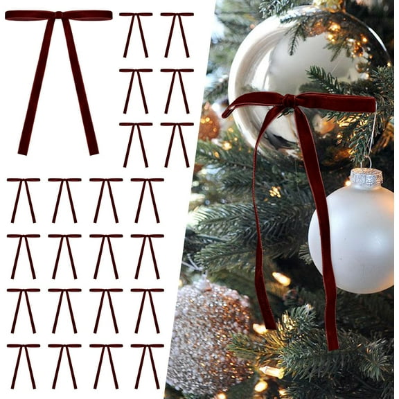 24 Pcs Burgundy Velvet Christmas Tree Bows Door Garland Decor Vintage Wreath Bow (3/8'' Wide, 5 * 7 inch)