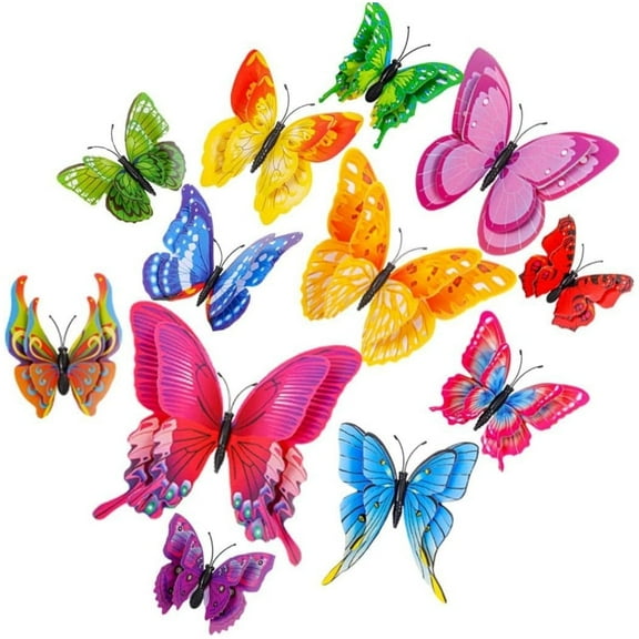 24 Pcs Butterfly Decor Stickers,Double Wing 3D Butterflies Garden Ornaments Waterproof Outdoor Butterfly Decorations, Colorful Butterfly Wall Stickers for Refrigerator Patio Home Christmas Gifts