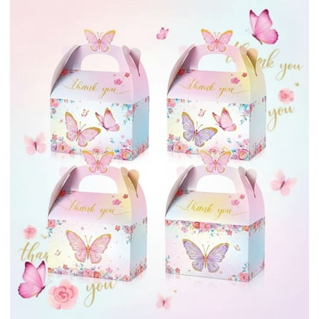 24 Pcs Butterfly Party Favor Treat Boxes, Pink and Purple Butterfly Floral Goodie Gable Candy Box Paper Gift Box for Birthday Party Supplies Baby Shower Wedding