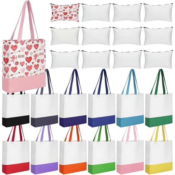 24 Pcs Canvas Tote Bag Bulk with Makeup Bag 13 x 15 Inches Medium 10 oz Lightweight Reusable Grocery Shopping Tote for DIY Sublimation Blank Galentine Valentine's Day Craft Gift Market(Patch)