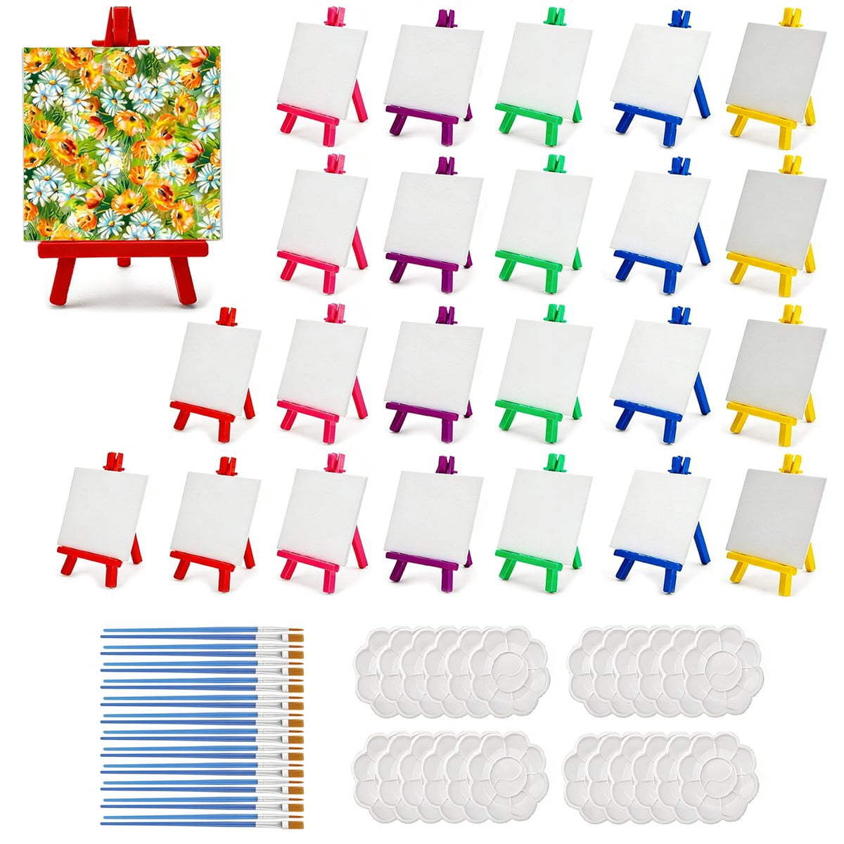 24 Pcs Canvas and Easel Set,Adult Party Painting Kit,24 Pcs 4" X 4" Art Easel Stand, 24 Brushes&Palette for DIY & Gifts