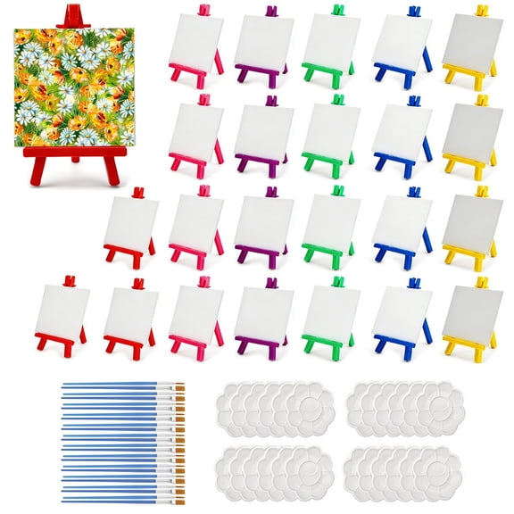 24 Pcs Canvas and Easel Set,Adult Party Painting Kit,24 Pcs 4" X 4" Art Easel Stand, 24 Brushes&Palette for DIY & Gifts
