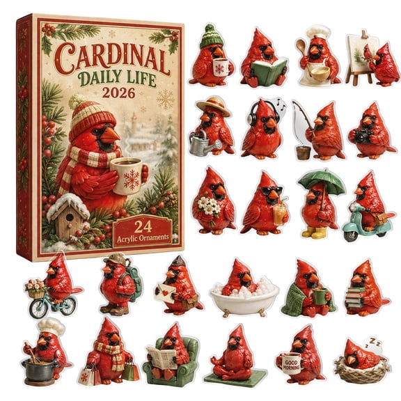 24 Pcs, Cardinal Daily Life Acrylic Ornaments with Countdown Blind Box for Christmas Tree Decorations