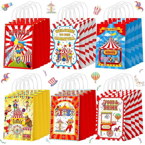 24 Pcs Carnival Gift Bags Circus Party Favors Bags Paper Clown Carnival Goodie Candy Treat Bags with Handles for Circus Themed Birthday Party Decorations Supplies