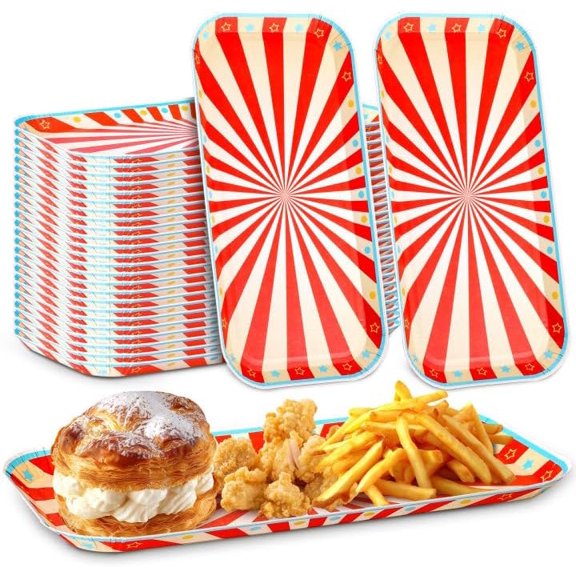 24 Pcs Carnival Party Food Trays, 10.6'' x 5.1'' Red and White Striped Serving Trays, Rectangular Circus Paper Serving Platter for Single Halloween Carnival Themed Party Picnic Supplies