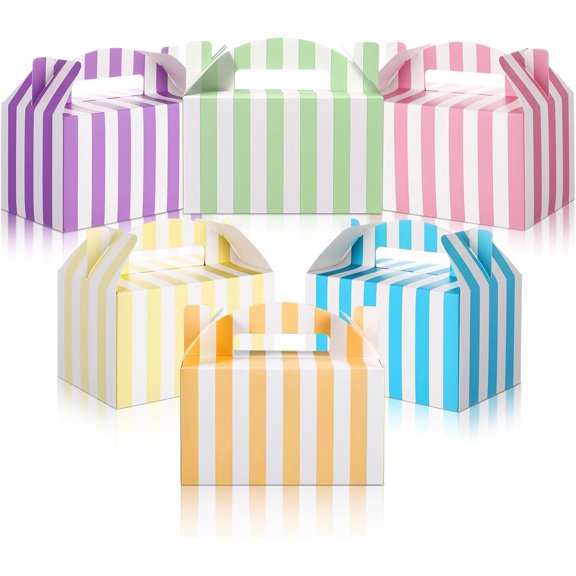 24 Pcs Carnival Treat Boxes Circus Gable Gift Box Rainbow Pastel Striped Paper Favors Snack Goodie Boxes for Birthday Carnival Theme Party Decorations, 6 x 3.5 x 3.5 Inch