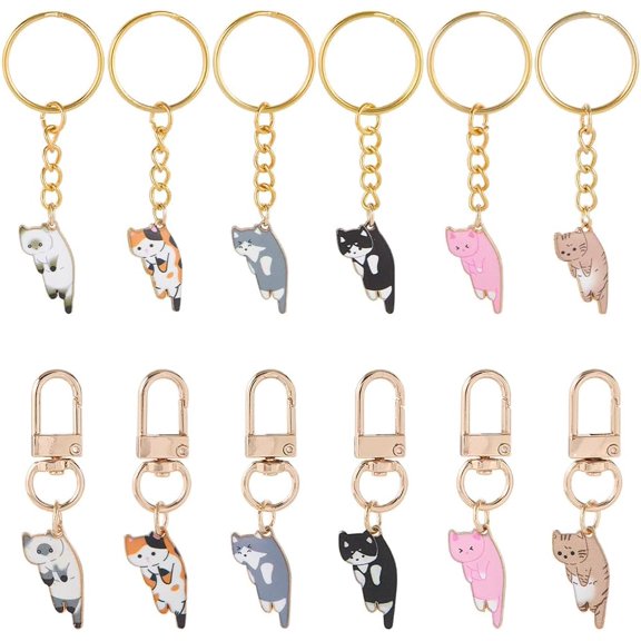 24 Pcs Cartoon Cat Pendants Keychains Clips Snap Hooks Keyring Key Chains Hanging DIY