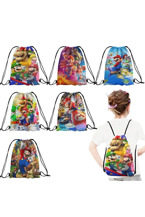 24 Pcs Cartoon Print Drawstring Backpack, Lightweight Sports Sackpack for Daily Use, Travel, and Birthday Party Decorations 27x34cm