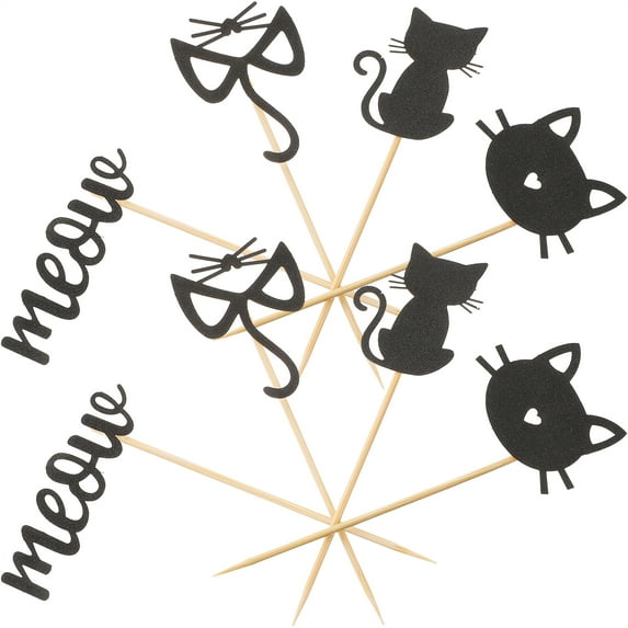 24 Pcs Cat Cake Insert Birthday Party Decorations Themed Pick Cupcake Toppers Animal Dessert Embellishments Black Cakes
