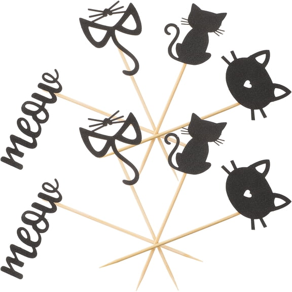 24 Pcs Cat Cake Insert Birthday Party Decorations Themed Pick Cupcake Toppers Animal Dessert Embellishments Black Cakes