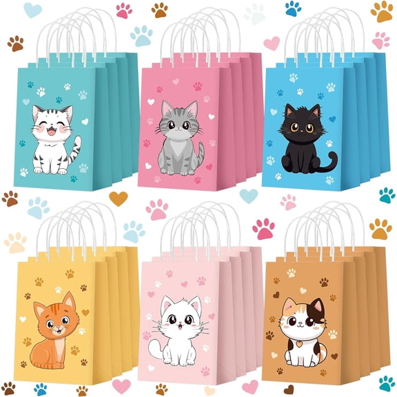 24 Pcs Cat Goodie Bags Cat Party Favors Cute Kitty Gifts Candy Treat Paper Bags with Handles for Kids Birthday kitten Party Decoration Supplies for Pet Adoption