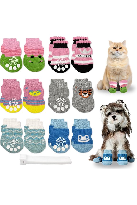 24Pcs Patterned Pet AntiScratch Booties, Adhesive Socks for Grooming & Bathing