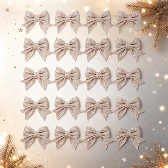 24 Pcs Champagne Glitter Ribbon Bows, Hanging Christmas Ornaments for Tree, Wreath & Xmas Home Party Decor