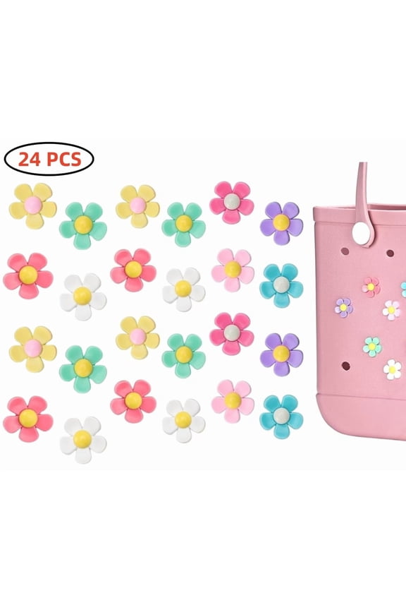 24 Pcs Charms for Bogg Bag, Flowers, Compatible with Simply Southern Beach Bag Tote, Insert for Rubber Beach Tote Accessories