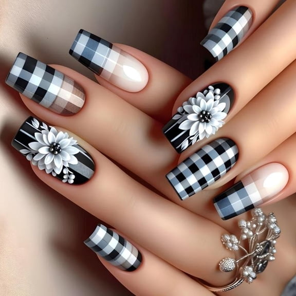 24 Pcs Checkerboard Press On Nail Medium Square False Nail White Flowers Acrylic Nail French Full Cover Stick On Nail