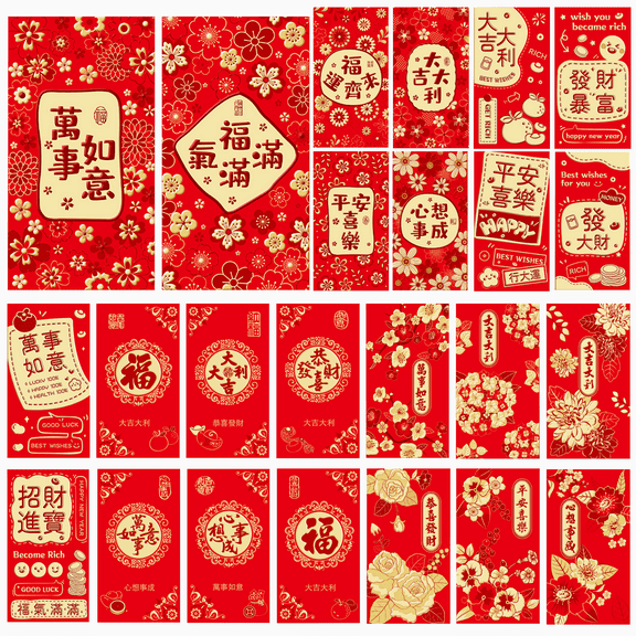24 Pcs Chinese Hong Bao Red Envelopes, Greetings Chinese Money Lucky Red Envelopes Lai See for Chinese New Year, Chinese Festival,Spring Festival
