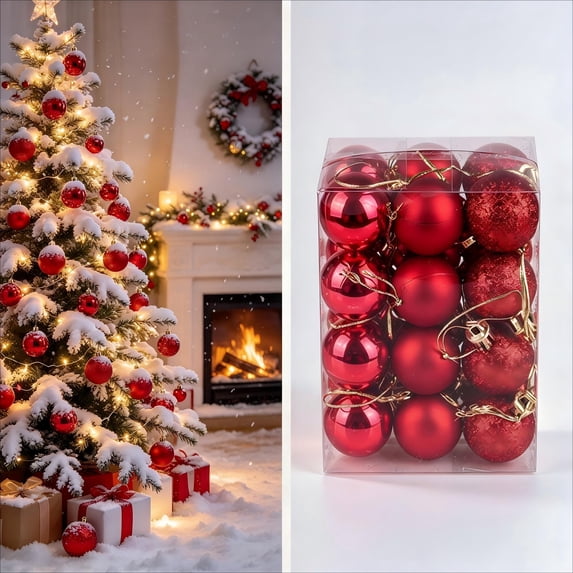 24 Pcs Christmas Ball Ornaments 1.18 in Shatterproof Plastic Hanging Baubles Mixed Shiny Glitter Mini Xmas Tree Decorations for Holiday Home Wreath Party Decor