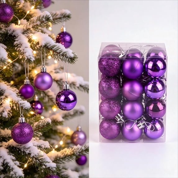 24 Pcs Christmas Ball Ornaments 1.18 in Shatterproof Plastic Hanging Baubles Mixed Shiny Glitter Mini Xmas Tree Decorations for Holiday Home Wreath Party Decor