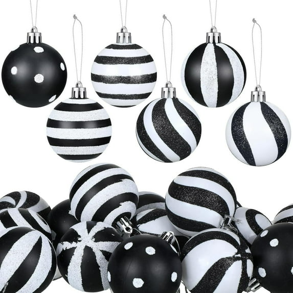 24 Pcs Christmas Black and White Ball Ornaments Xmas Plastic Stripe Dot Hanging Ball for Christmas Tree Party Decoration Supplies 1.2in