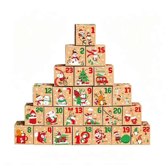 24 Pcs Christmas Countdown Kraft Paper Cube Boxes 7x7x7cm - 1-24 Exclusive Numbers & Designs, Stackable Christmas Tree, Holiday Party Favor Candy Blind Boxes
