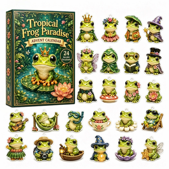 24 Pcs Christmas Frog Advent Calendar Box, 2D Flat Acrylic Tree Hanging Charms Set for Xmas Tree Window Mantel Car Mirror Holiday Room Decor & Gift