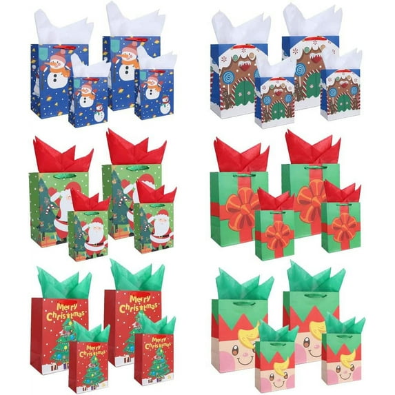 24 Pcs Christmas Gift Bags, Holiday Treat Paper Bags, Christmas Characters Goody Bags for Gift Giving, Party Favors, Pastries, Cupcakes, Brownies, Donuts