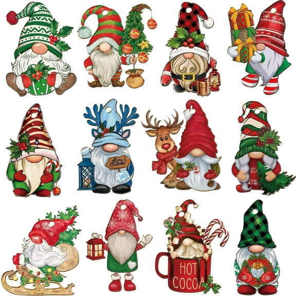 24 Pcs Christmas Gnome Wooden Hanging Ornaments Gnome Wood Ornaments For Christmas Tree Gnome Tree Decor 2D Wood Design