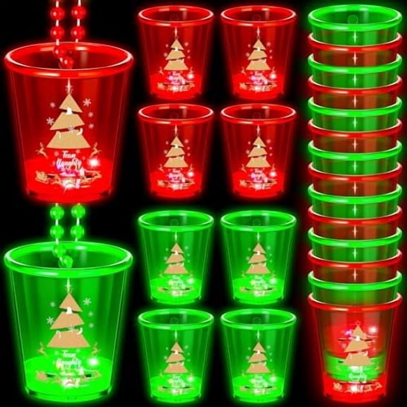 24 Pcs Christmas Light up Shot Glass Glow in The Dark Shot Glasses Bead Necklaces Bulk Neon Red Green Plastic Necklace Cups for Christmas Wedding Glow Party Favors, 2 Styles
