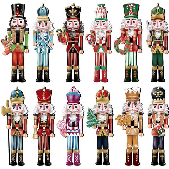 24 Pcs Christmas Nutcracker Ornaments Set Wooden Christmas Tree Nutcracker Hanging Decoration Gold and Red Soldier Figure Pendants Hanging Craft for Xmas Holiday Decor Home Wall Supplies